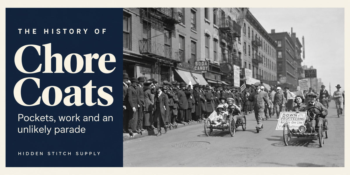 The History of Chore Coats: Pockets, work and an unlikely parade, with an AI-assisted graphic adaptation of a 1920 New York street photograph.