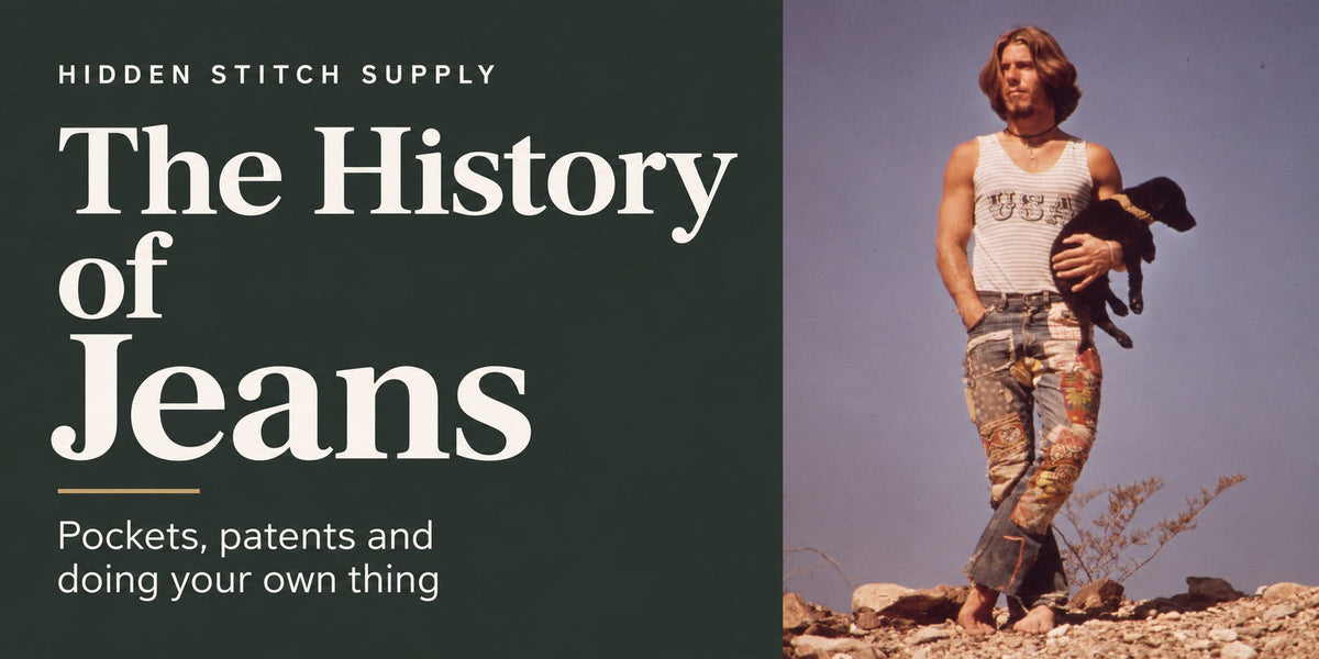 The History of Jeans title beside a modern graphic adaptation of a 1972 photograph of a man in patched jeans holding a dog