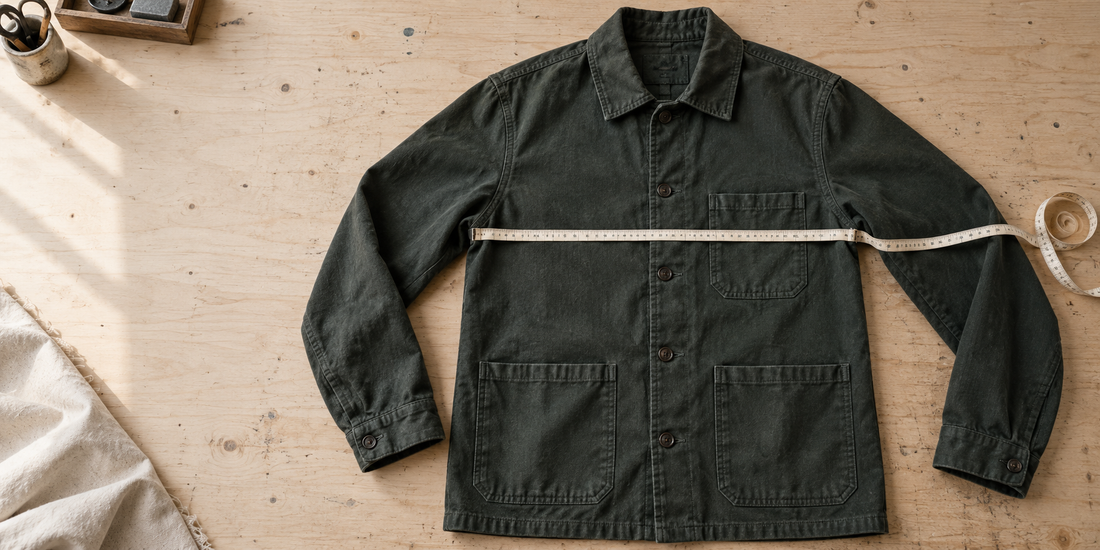Green chore coat laid flat on a pale wooden workbench, with a measuring tape across the chest.