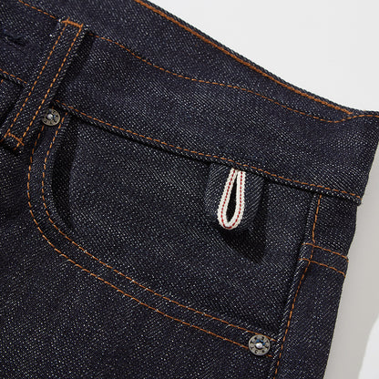 Close-up of the front pocket, rivets and striped selvedge keychain loop.