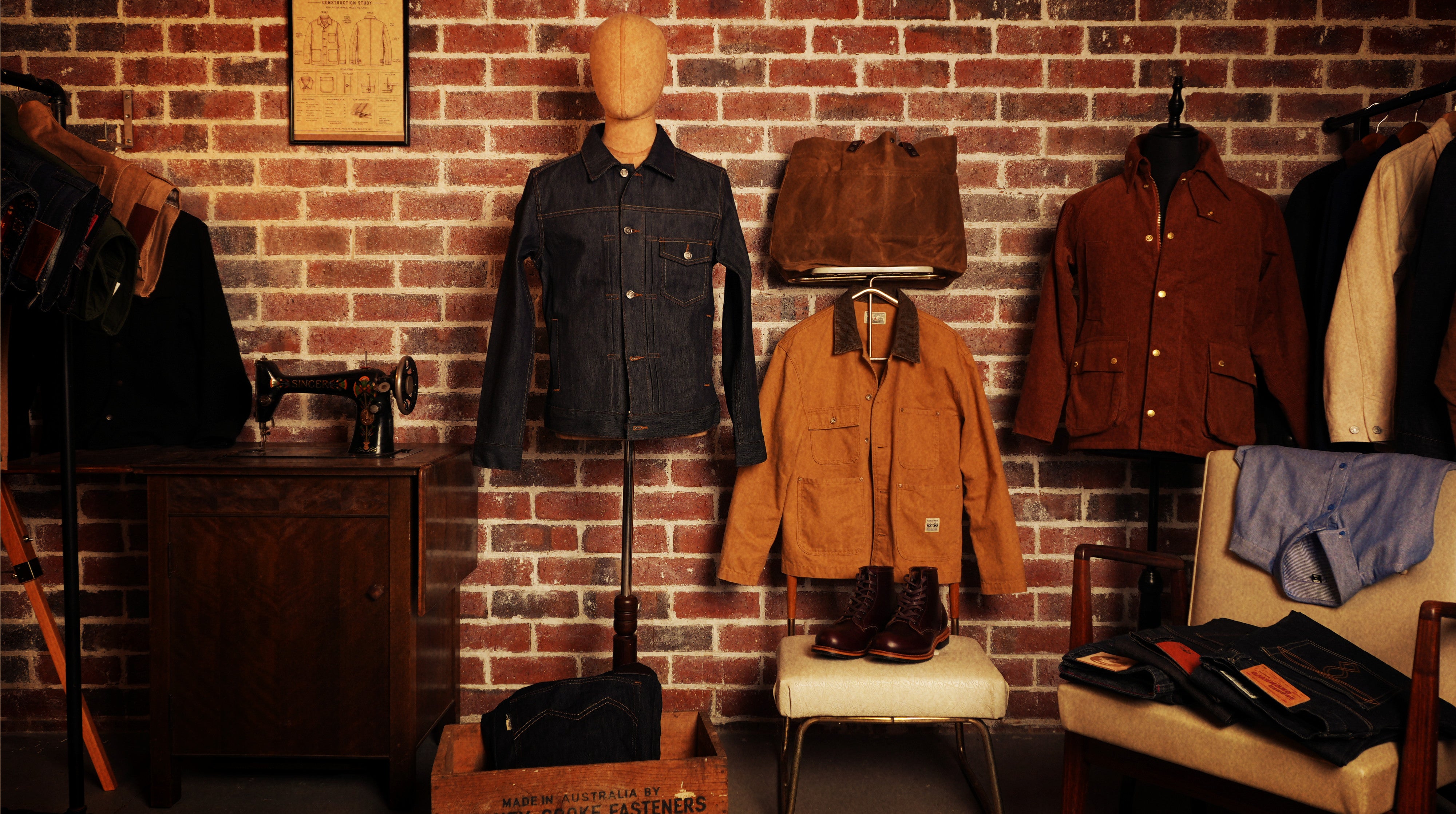 Studio display of denim and workwear against a brick wall